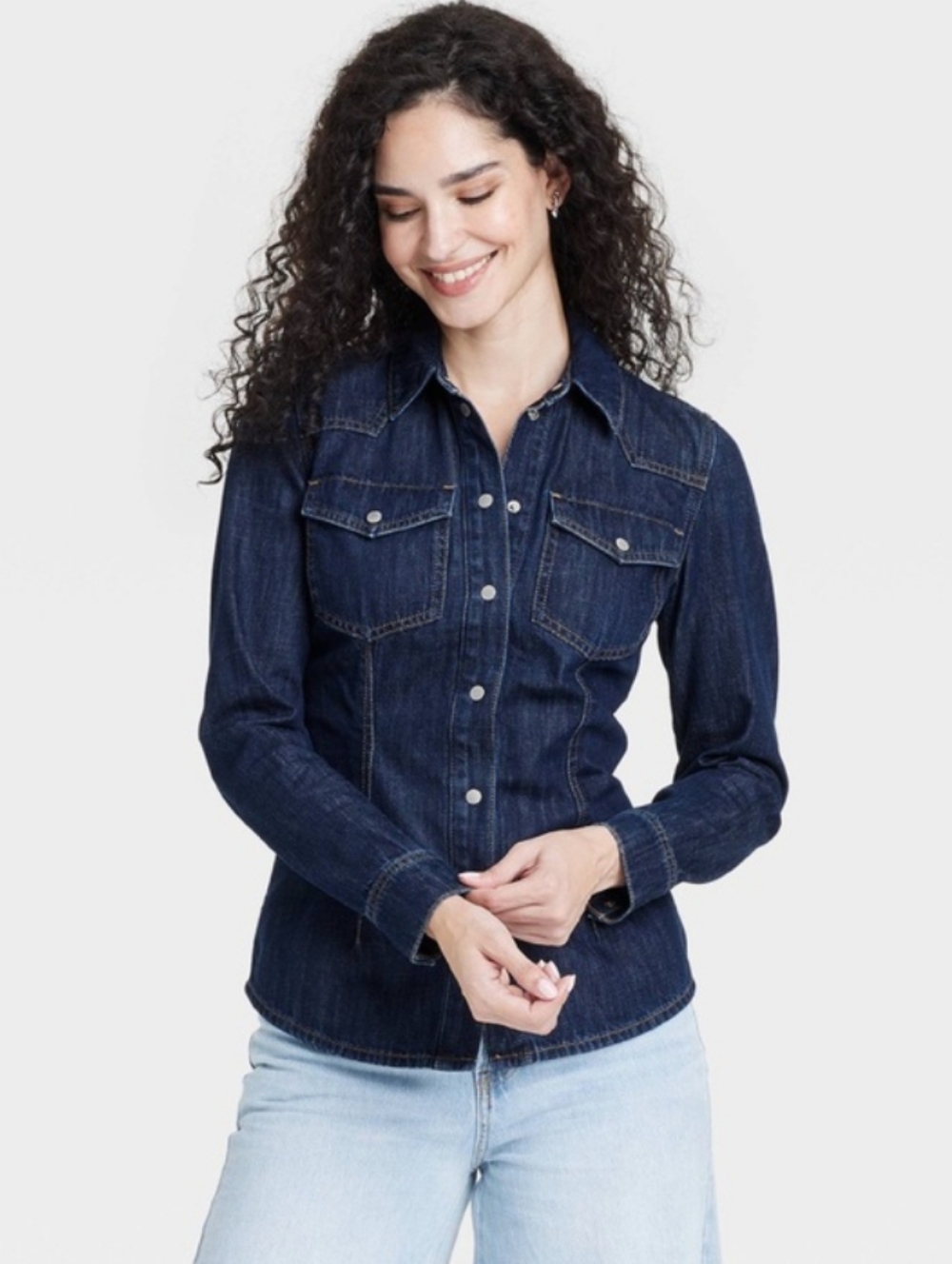 Universal Thread Dark Wash Tailored Button-Up Denim Shirt - Picture 2 of 6